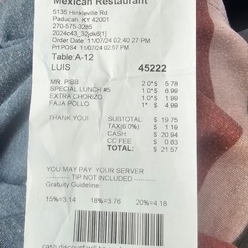 Los Amigo's Mexican - A receipt - Mexican Near Me - Paducah, Kentucky Los Amigo's Mexican - A receipt - Mexican Near Me - Paducah, Kentucky