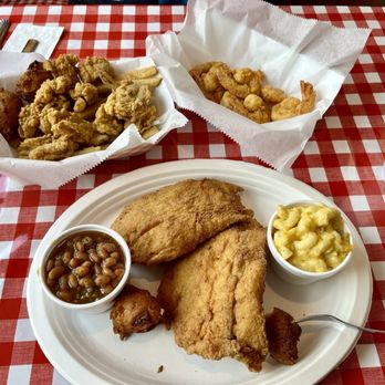 Jb’s Shrimp Shack - Fish of the day (triple tail), fried shrimp, fried oysters, mac 'n' cheese, baked beans, French fries, and hush puppies - Seafood Near Me - Brunswick, Georgia Jb’s Shrimp Shack - Fish of the day (triple tail), fried shrimp, fried oysters, mac 'n' cheese, baked beans, French fries, and hush puppies - Seafood Near Me - Brunswick, Georgia