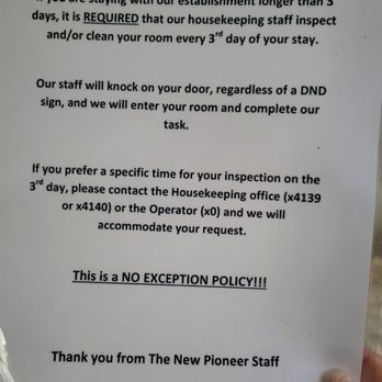 The New Pioneer - They post this in every room. 3rd day my a##! 4th day i put maid service sign up, no one came. - Casinos Near Me - Laughlin, Nevada The New Pioneer - They post this in every room. 3rd day my a##! 4th day i put maid service sign up, no one came. - Casinos Near Me - Laughlin, Nevada