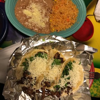 Fiesta Cancun - Three well done steak tacos with cheese and rice and beans - Mexican Near Me - Roscoe, Illinois