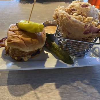 Hops Burger Bar - The North Carolinian Burger with onion rings - Burgers Near Me - Greensboro, North Carolina Hops Burger Bar - The North Carolinian Burger with onion rings - Burgers Near Me - Greensboro, North Carolina