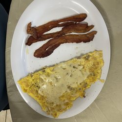 Janelle’s - Sausage Omelette with Cooper Cheese and side of Bacon