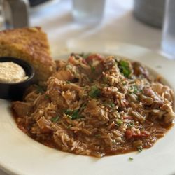 Seafood Jumbalya w/ cornbread and honey butter -