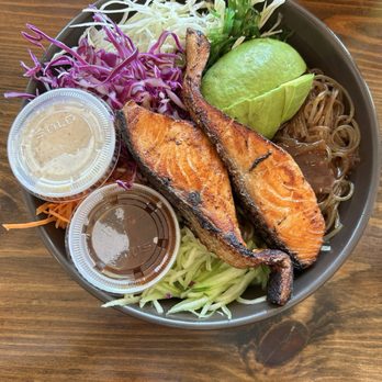 Nancy's Sky Garden - Grilled salmon poke bowl, sub Purple Rice for Sweet Potato Noodles, almond ginger and spicy teriyaki dressing. - Vegetarian Near Me - Austin, Texas Nancy's Sky Garden - Grilled salmon poke bowl, sub Purple Rice for Sweet Potato Noodles, almond ginger and spicy teriyaki dressing. - Vegetarian Near Me - Austin, Texas