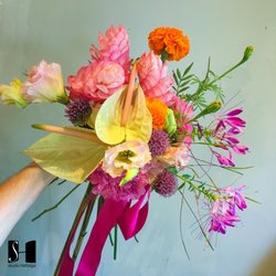 Studio Herbage Florist & Flower Delivery - Flirting with the Tropics - cream anthurium, pink ginger, cleome, allium, african marigold and lisianthus.
