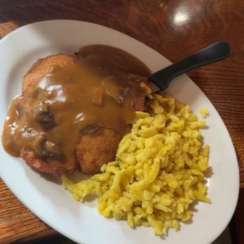 Bodensee Restaurant - Pork Schnitzel and spätzle with jäger gravy. - German Near Me - Helen, Georgia