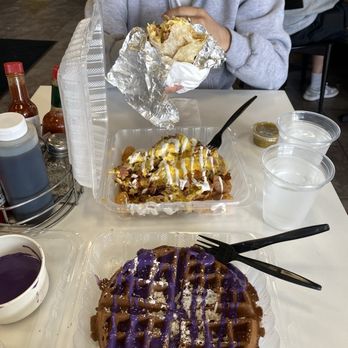 Aloha Stacks - Ube waffle, breakfast tater tots, and breakfast burrito - Pancakes Near Me - Cerritos, California Aloha Stacks - Ube waffle, breakfast tater tots, and breakfast burrito - Pancakes Near Me - Cerritos, California