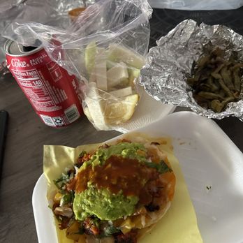 Birria El Super Pepe - Choripiña taco, nopales, jicama with pepino and a Coke. - Food Trucks Near Me - La Puente, California Birria El Super Pepe - Choripiña taco, nopales, jicama with pepino and a Coke. - Food Trucks Near Me - La Puente, California