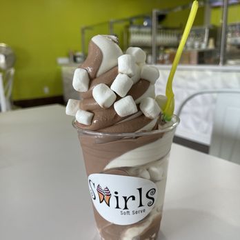 Swirls Soft Serve - Chocolate Swirl (w/ Vanilla) - Marshmallows Topping - Ice Cream & Frozen Yogurt Near Me - Upland, California Swirls Soft Serve - Chocolate Swirl (w/ Vanilla) - Marshmallows Topping - Ice Cream & Frozen Yogurt Near Me - Upland, California