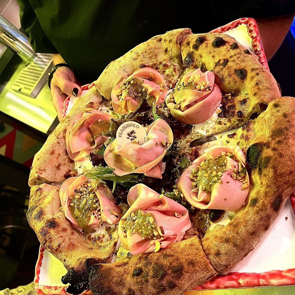 FRA Pizza - MORTAZZA TUA Burrata, mortadella, pistachio pesto. I have Italian roots and this was fresh, silky burrata that melted in your mouth. - Pizza Near Me - Miami, Florida FRA Pizza - MORTAZZA TUA Burrata, mortadella, pistachio pesto. I have Italian roots and this was fresh, silky burrata that melted in your mouth. - Pizza Near Me - Miami, Florida