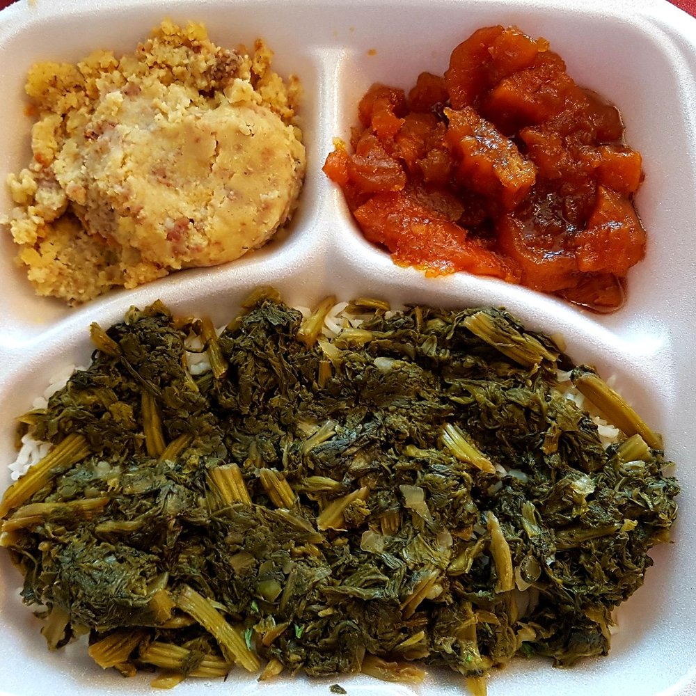 Dat Kitchen - Wednesday special: mustard greens over rice, cornbread dressing, candied yams, and fried fish (not pictured). - Chicken Wings Near Me - Chalmette, Louisiana