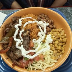 Burrito bowl with steak.