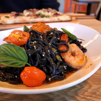 Tosto Quickfire Pizza Pasta - Nero Pasta (Squid Ink Linguine, Tiger prawn, poached cherry tomato, white wine, olive oil, garlic, chili flake, basil, salmon caviar) - $16 - Pizza Near Me - Toronto, Ontario