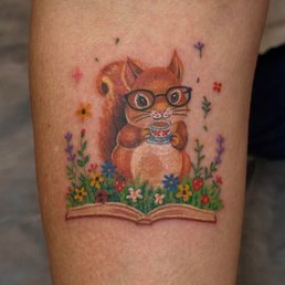 Squirrel, coffee, book, flowers