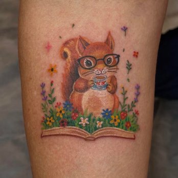 Vism Studio - Squirrel, coffee, book, flowers - Tattoo Near Me - Los Angeles, California Vism Studio - Squirrel, coffee, book, flowers - Tattoo Near Me - Los Angeles, California
