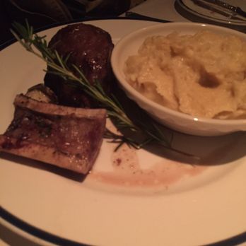 Pacific Dining Car - Baseball Steak , bone marrow with a sprig of rosemary herb, and garlic mashed potatoes - Steakhouses Near Me - Los Angeles, California Pacific Dining Car - Baseball Steak , bone marrow with a sprig of rosemary herb, and garlic mashed potatoes - Steakhouses Near Me - Los Angeles, California
