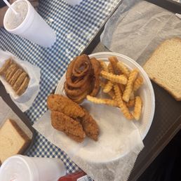 Chicken tendies, fries onionion rings Chicken tendies, fries onionion rings