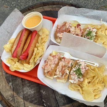 Allagash Brewing Company - Two "Fresh Maine Lobster Roll Flights" and two "Red Hots" - Breweries Near Me - Portland, Maine