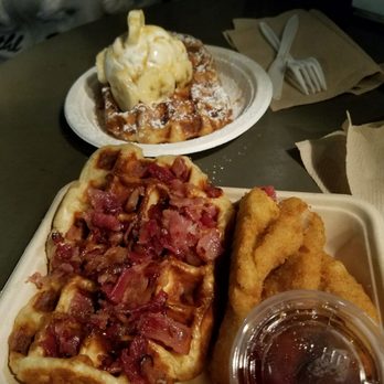 Little Gem Belgian Waffles - Top: Churowaffle Bottom: Chicken/Bacon/Waffle - Desserts Near Me - Berkeley, California