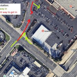 Follow the green arrows, NOT the red arrows, to find the gas pumps.