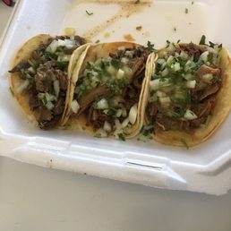 Steak, shredded beef, pork tacos