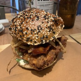 BYOB w crispy chicken, coffee bbq bacon, avocado, crispy onions & adobo aioli