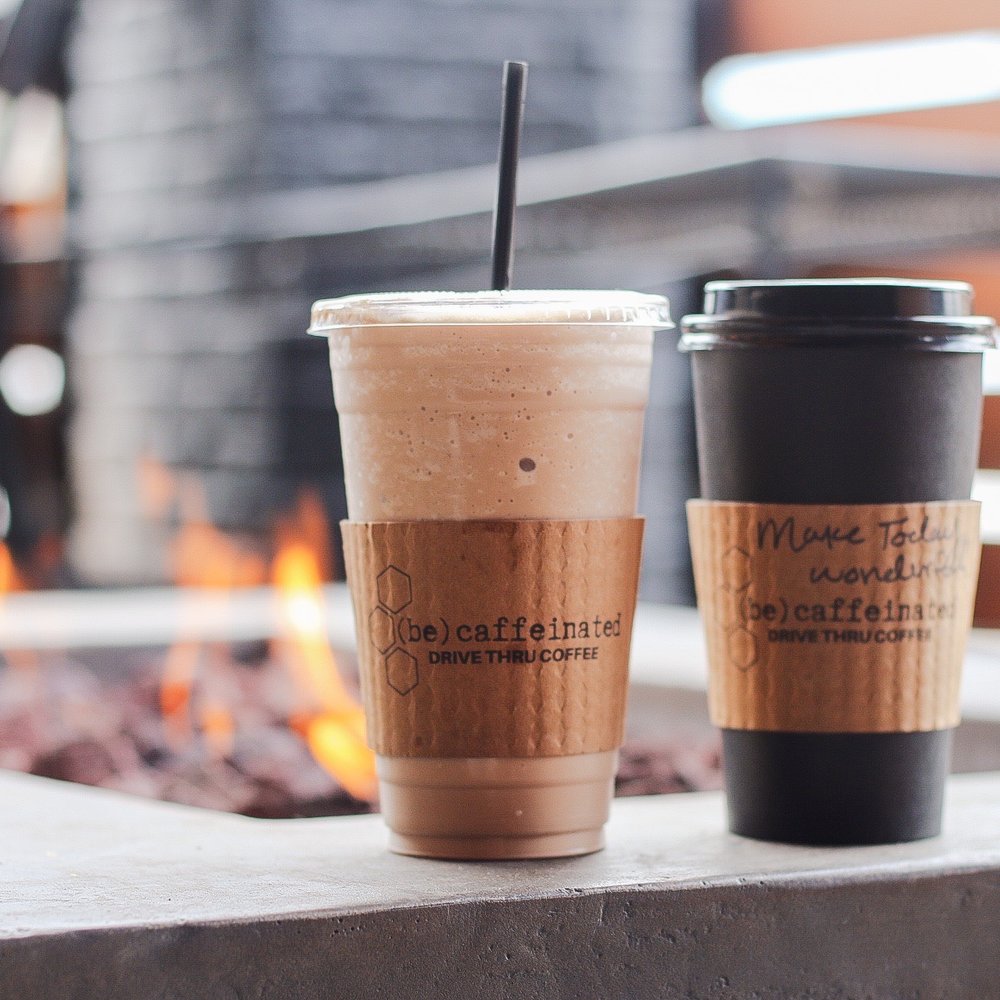 Be Caffeinated - (Left) White Chocolate Mocha Frappe w/ whipped cream blended in, none on top and (Right) Vanilla Latte - Coffee & Tea Near Me - Chattanooga, Tennessee