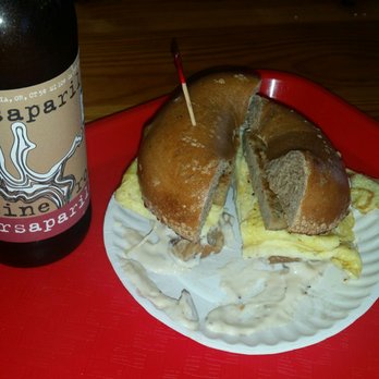Yorgo's Bageldashery - Cinnamon raisin bagel wit honey pecan cream cheese, egg, and turkey sausage - Bagels Near Me - Norfolk, Virginia Yorgo's Bageldashery - Cinnamon raisin bagel wit honey pecan cream cheese, egg, and turkey sausage - Bagels Near Me - Norfolk, Virginia