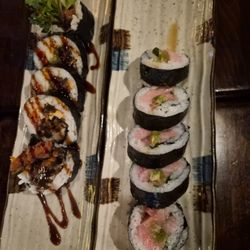 Tomoya Sushi & Izakaya - Salmon skin roll . Bluefin tuna belly toro roll