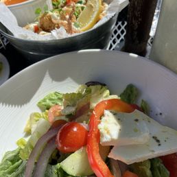 Greek Panzanella sald and fried calamari Greek Panzanella sald and fried calamari