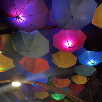 Redwood Cafe - Outdoor dining area in the back has fireplaces and an umbrella ceiling - New American Near Me - Modesto, California