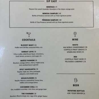 Easy Like Sunday - Drink menu - Breakfast & Brunch Near Me - Baltimore, Maryland