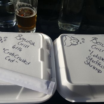 Bonefish Grill - Our waitress wrote this on the boxes so we would know which dinner was my wife's and which was mine. - Seafood Near Me - Upper Saint Clair, Pennsylvania