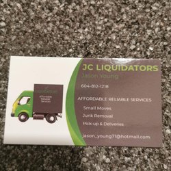 JC Liquidators - Their business card. They are fantastic and super helpful!