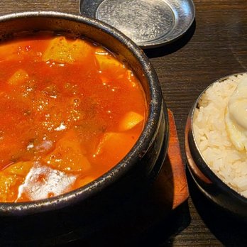 Dawa Kitchen - Tofu Stew with Beef and added a fried egg - Korean Near Me - Garden Grove, California