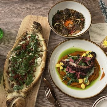 Chortke - Prosciutto flatbread, meatballs, octopus. Not pictured was the lamb shank. - Persian/Iranian Near Me - Rochester, New York Chortke - Prosciutto flatbread, meatballs, octopus. Not pictured was the lamb shank. - Persian/Iranian Near Me - Rochester, New York