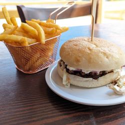 Decked Out Burgers & Dogs - Carolina Classic burger with battered fries.