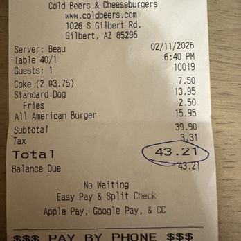 Cold Beers & Cheeseburgers - Full Price w/o Discount/ Phone Number for Points Never Received - Burgers Near Me - Gilbert, Arizona