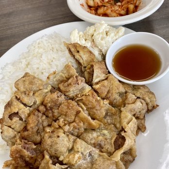 Waipahu Cafe - Meat jun plate with their kimchee - Diners Near Me - Waipahu, Hawaii
