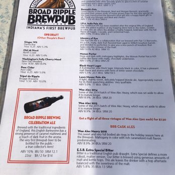 Broad Ripple Brewpub - Beer menu - Vegetarian Near Me - Indianapolis, Indiana
