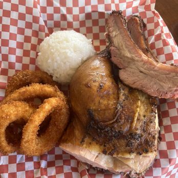 Chicken in a Barrel BBQ - Hanalei - Chicken and rib plate with onion rings and white rice - Barbeque Near Me - Hanalei, Hawaii Chicken in a Barrel BBQ - Hanalei - Chicken and rib plate with onion rings and white rice - Barbeque Near Me - Hanalei, Hawaii