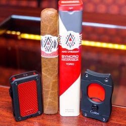 Broadway Cigar & Tobacco - The Syncro by Avo Cigars, Rally single-jet flame lighter and S Cut cutter with red color blades by Colibri available at Broadway Cigar.