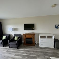 Fireplace, mini fridge and TV