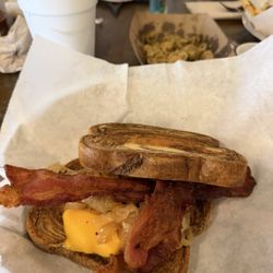 The party melt, rye sourdough and thick crispy bacon. Peep those jalapeños in the background.
