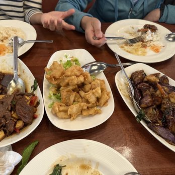 Burma Burma - Beef tofu (string beans replaced with broccoli), salt & pepper calamari, eggplant and shrimp - Burmese Near Me - Dublin, California