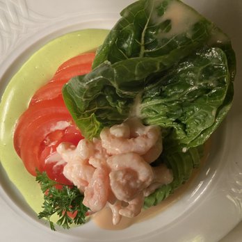Le Crocodile Restaurant - Composed Tomato and Avocado Salad, with hand peeled Shrimps, and Cocktail Sauce. - French Near Me - Vancouver, British Columbia Le Crocodile Restaurant - Composed Tomato and Avocado Salad, with hand peeled Shrimps, and Cocktail Sauce. - French Near Me - Vancouver, British Columbia