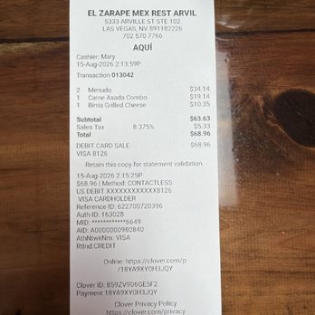 El Zarape Mexican Restaurant - Receipt of reasonable pricing - Mexican Near Me - Las Vegas, Nevada El Zarape Mexican Restaurant - Receipt of reasonable pricing - Mexican Near Me - Las Vegas, Nevada