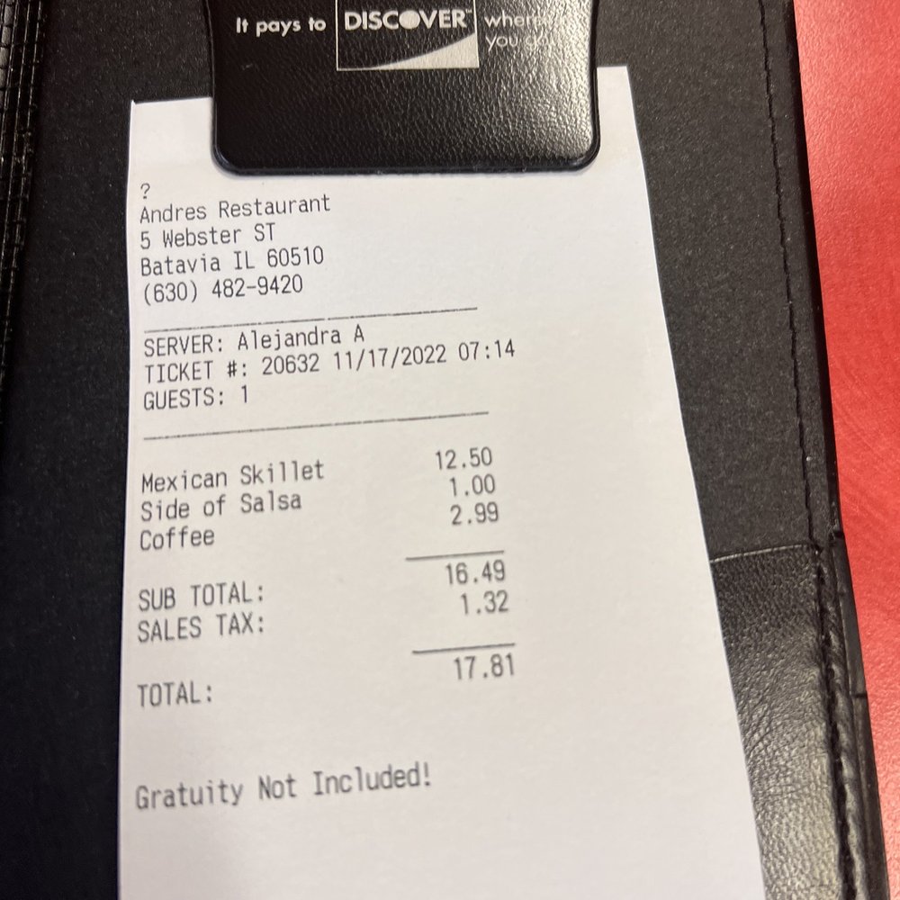Andres Restaurant - Bill - Spanish Near Me - Batavia, Illinois Andres Restaurant - Bill - Spanish Near Me - Batavia, Illinois
