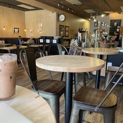 Planet Perk - City Center - Cafe and dining area. Iced latte with chocolate, carmel and hazelnut.