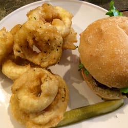 Pia's on Broadway - The burger and onion rings